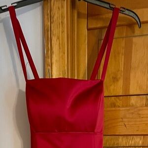 Red full length satin gown with scarf; fully lined; size 6